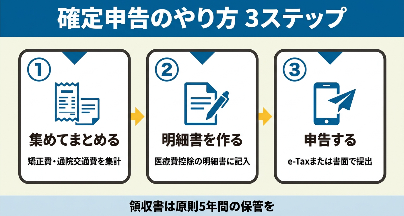 矯正の医療費控除の確定申告を「集めてまとめる」「明細書を作る」「申告する」の3ステップで整理した図解。領収書や交通費の集計から明細書の作成、e-Taxまたは書面での提出までの流れを視覚的に示し、領収書は原則5年間保管することを伝えます。