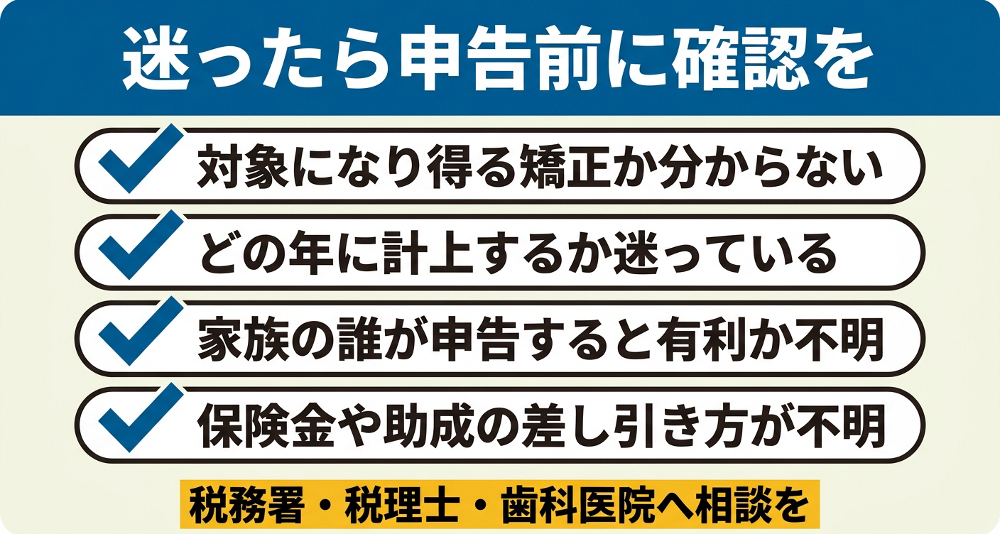 矯正の医療費控除で申告前に確認しておきたいポイントを4項目のチェックリストで整理した図解。対象の可否・計上する年・家族での申告・補てんの差し引きという迷いやすい点を視覚的に示し、ひとつでも当てはまれば税務署・税理士・歯科医院へ相談することをわかりやすく伝えます。