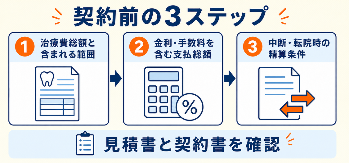 矯正治療の契約前に確認する費用総額、手数料、精算条件の3ステップ