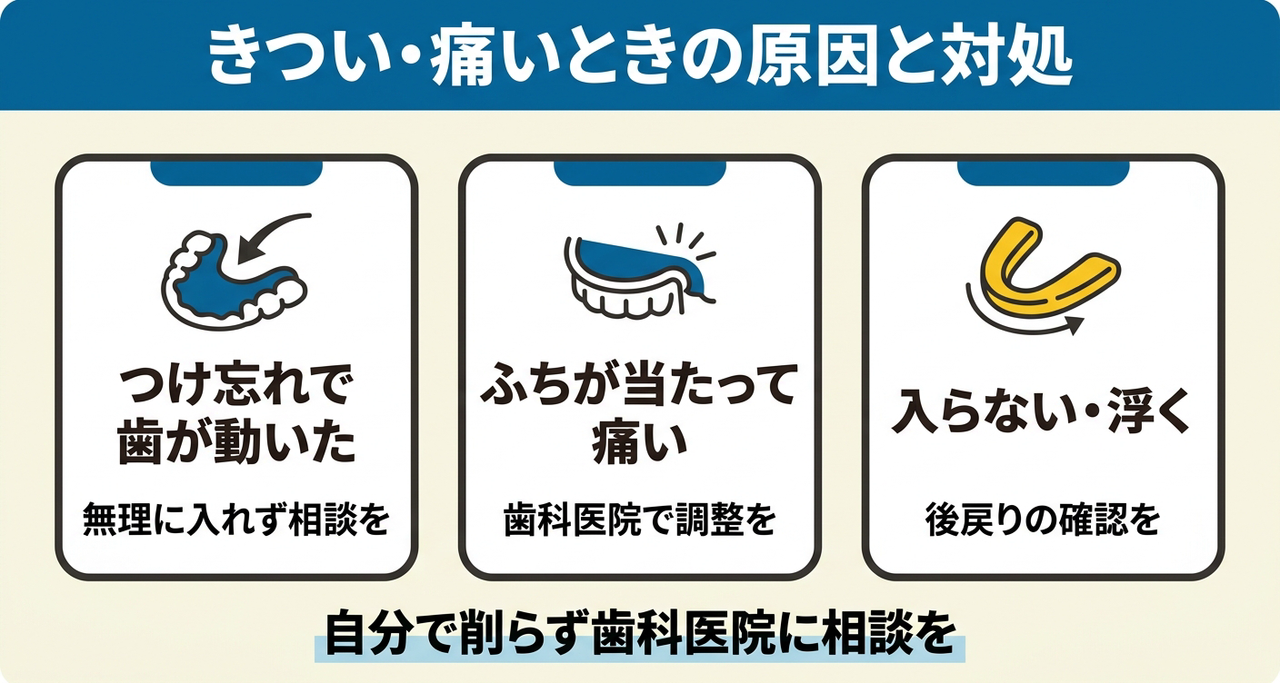 リテーナーが「きつい・痛い」ときに考えられる原因を「つけ忘れで歯が動いた」「ふちが当たって痛い」「入らない・浮く」の3カードで整理した図解。無理に入れず、自分で削らずに歯科医院へ相談することを視覚的に促します。