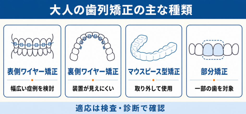 大人の歯列矯正に用いられる4つの主な治療方法を示した図
