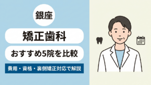 銀座の矯正歯科おすすめ5院を比較し、費用・資格・裏側矯正対応について解説するというタイトルを、白衣姿の医療従事者のイラストとともに示したアイキャッチ画像