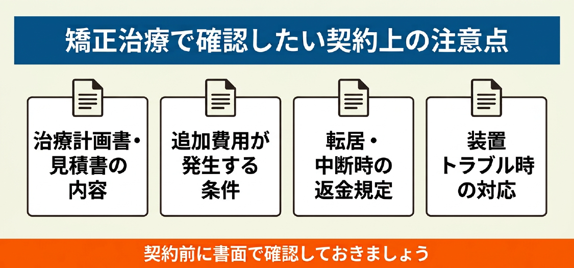 矯正治療の契約前に確認したい注意点として、治療計画書・見積書の内容、追加費用が発生する条件、転居・中断時の返金規定、装置トラブル時の対応の4項目を示したインフォグラフィック