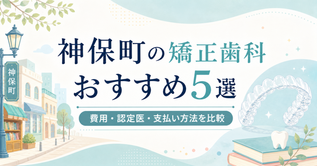 神保町の街並みと本、マウスピースを描いた、矯正歯科おすすめ5選の可愛いイラスト