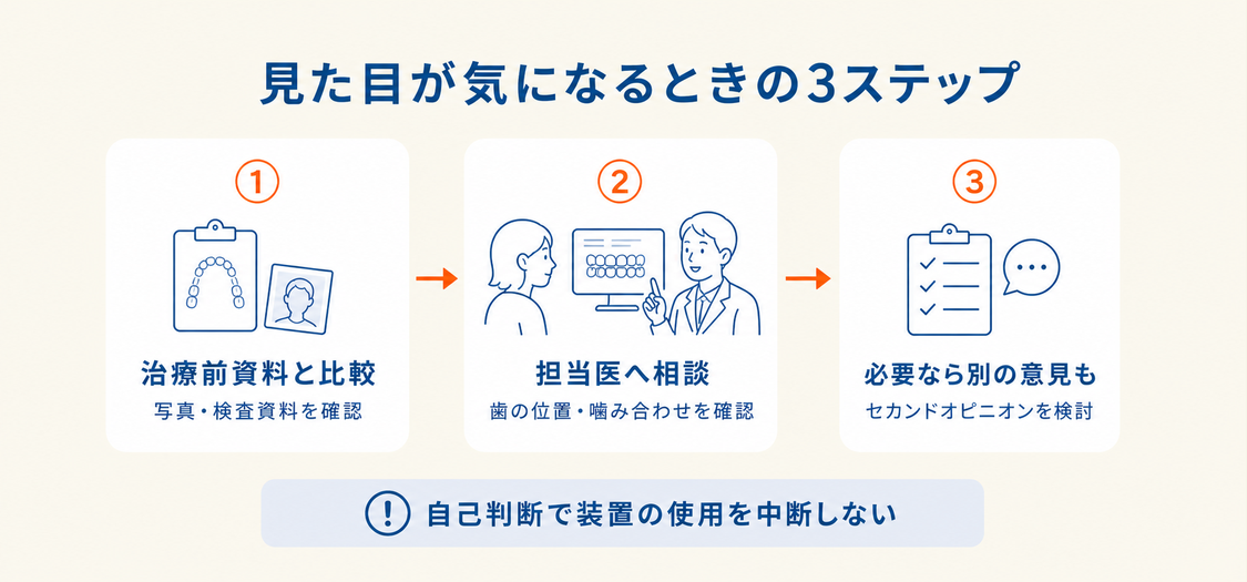 歯列矯正後の見た目が気になるときに、治療前資料との比較、担当医への相談、必要に応じたセカンドオピニオンの3段階で確認する流れを示した図解