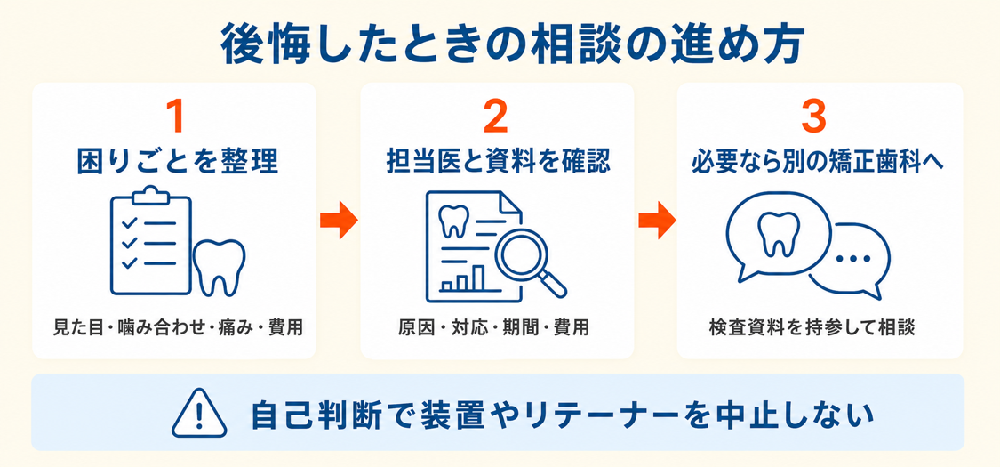 歯列矯正を後悔したときに困りごとの整理、担当医への確認、別の矯正歯科への相談を進める流れ