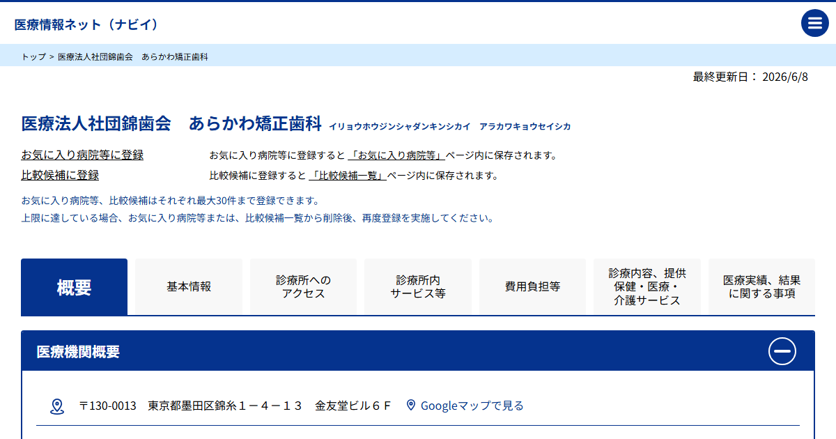 あらかわ矯正歯科の医療情報ネット(厚生労働省)掲載ページ