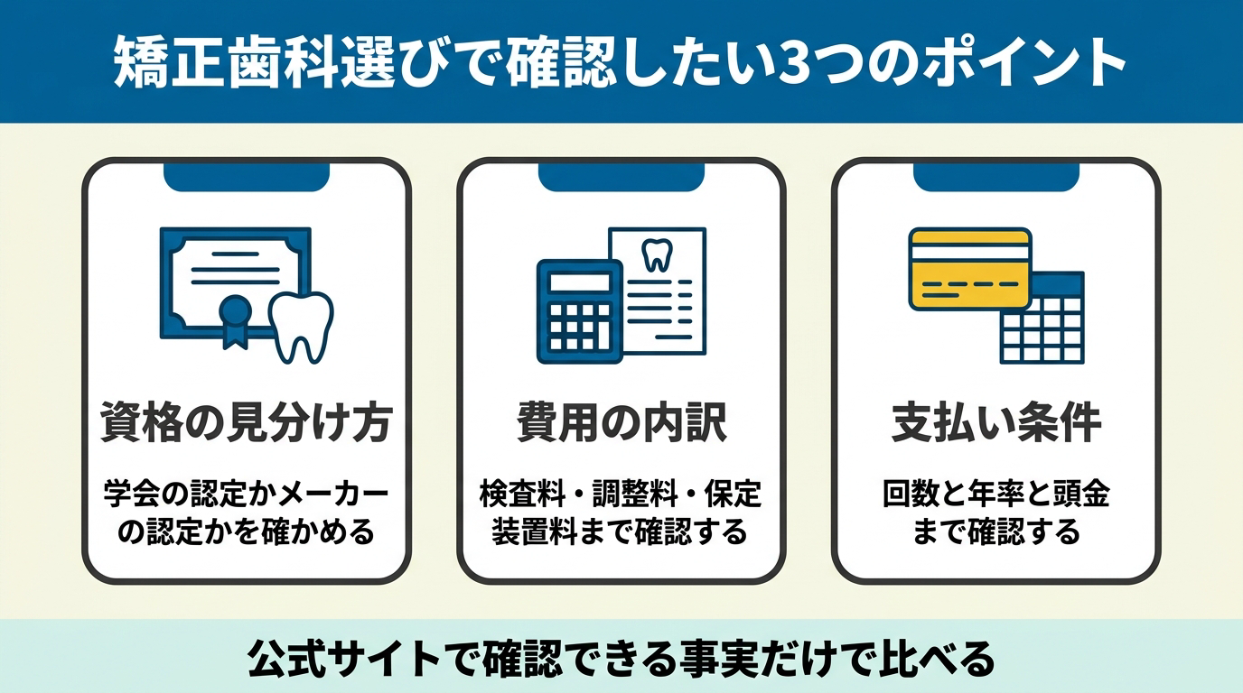 矯正歯科選びで確認したい3つのポイント(資格の見分け方・費用の内訳・支払い条件)