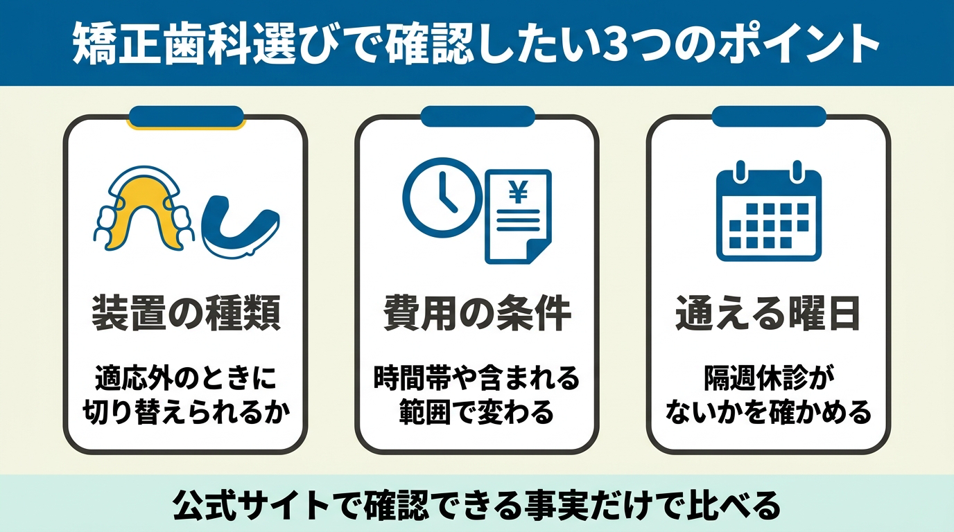 矯正歯科選びで確認したい3つのポイント(装置の種類・費用の条件・通える曜日)