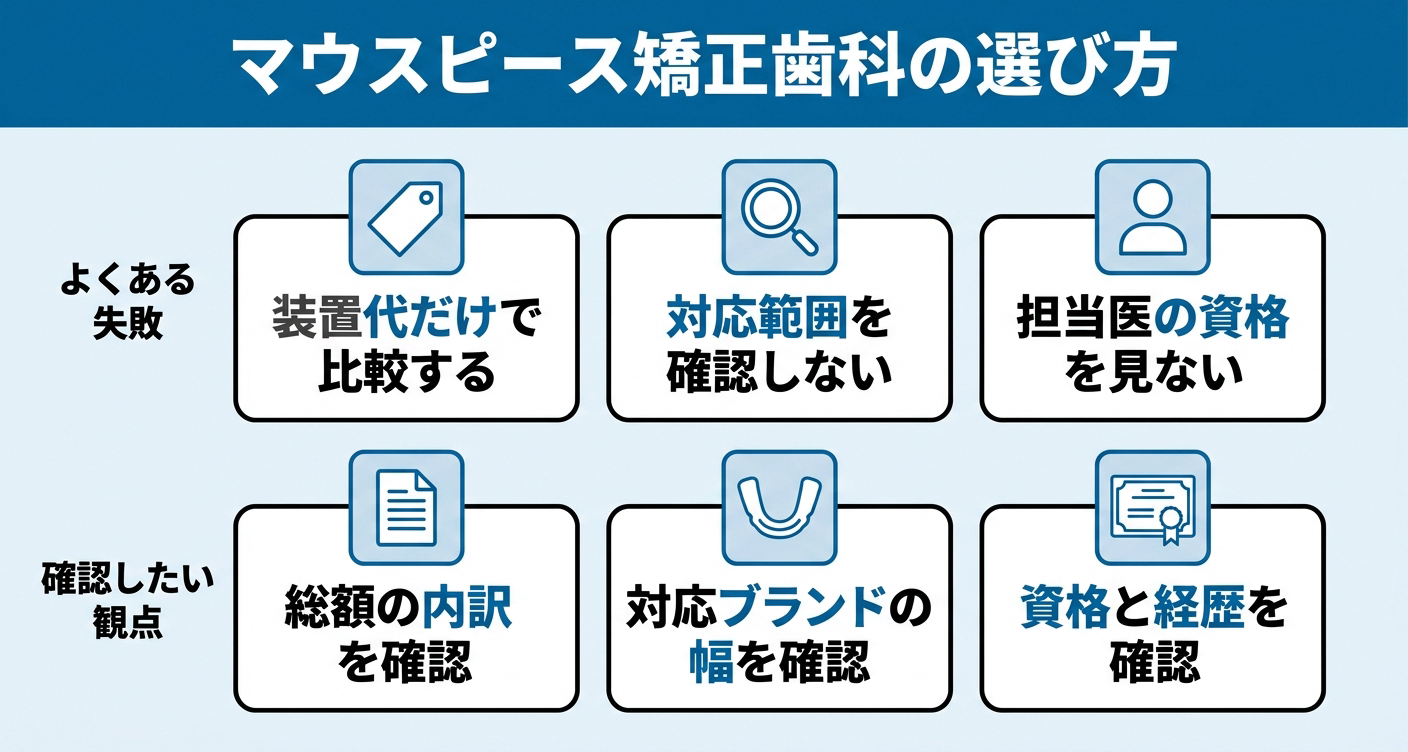 上段に装置代だけで比較する・対応範囲を確認しない・担当医の資格を見ないというよくある失敗、下段に総額の内訳を確認・対応ブランドの幅を確認・資格と経歴を確認するという編集部の観点を並べた図。