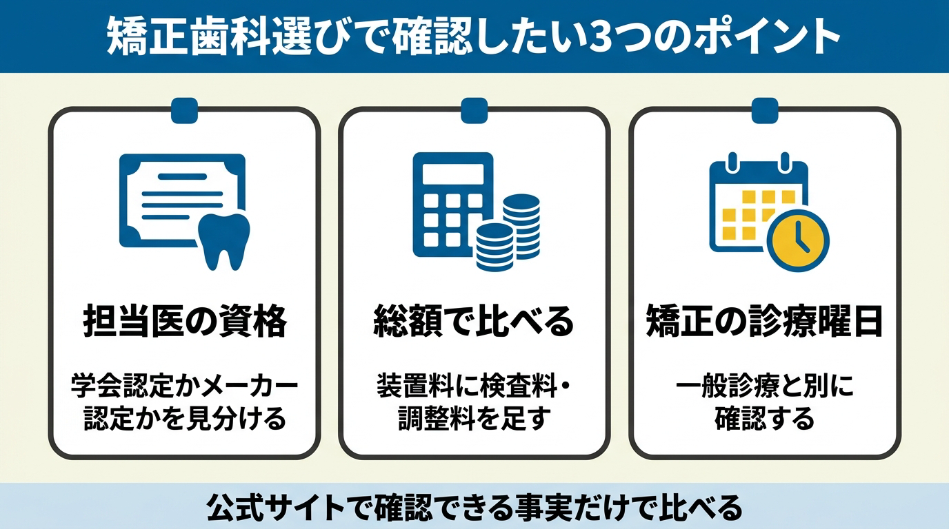 矯正歯科選びで確認したい3つのポイント(担当医の資格・総額比較・診療曜日)