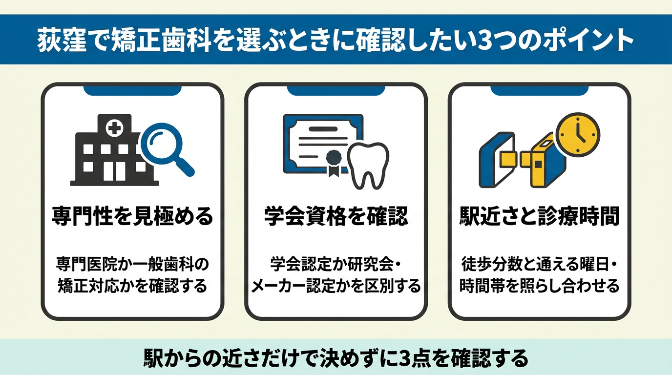 荻窪で矯正歯科を選ぶときに確認したい3つのポイント(専門性・学会資格・駅近さと診療時間)の図解