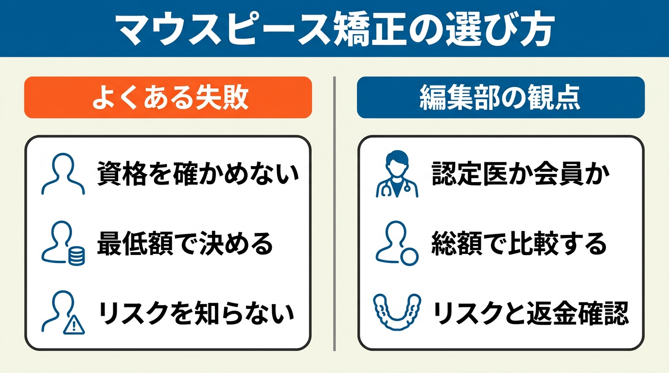 左に資格を確かめない・最低額で決める・リスクを知らないというよくある失敗、右に認定医か会員か・総額で比較する・リスクと返金確認を並べた、マウスピース矯正の選び方の対比図。
