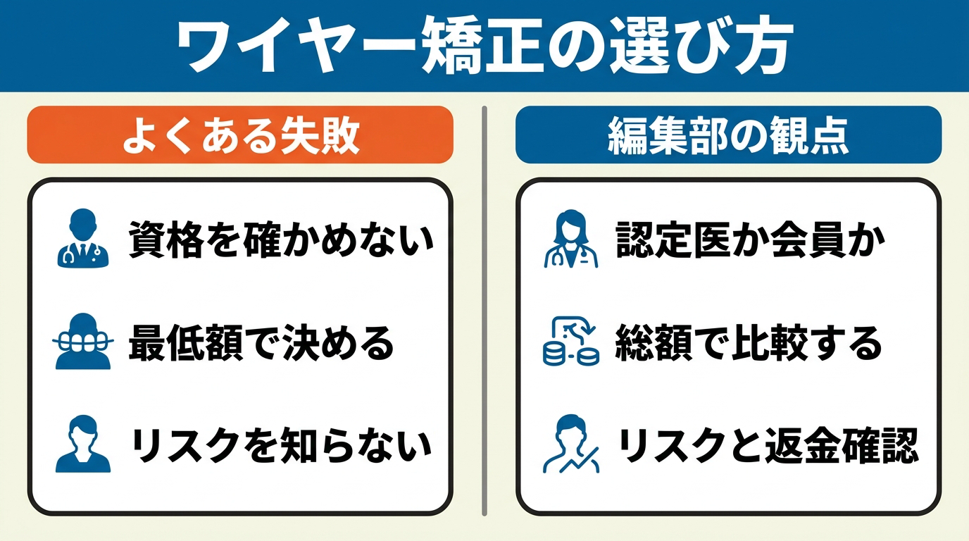 左に資格を確かめない・最低額で決める・リスクを知らないというよくある失敗、右に認定医か会員か・総額で比較する・リスクと返金確認を並べた、ワイヤー矯正の選び方の対比図。