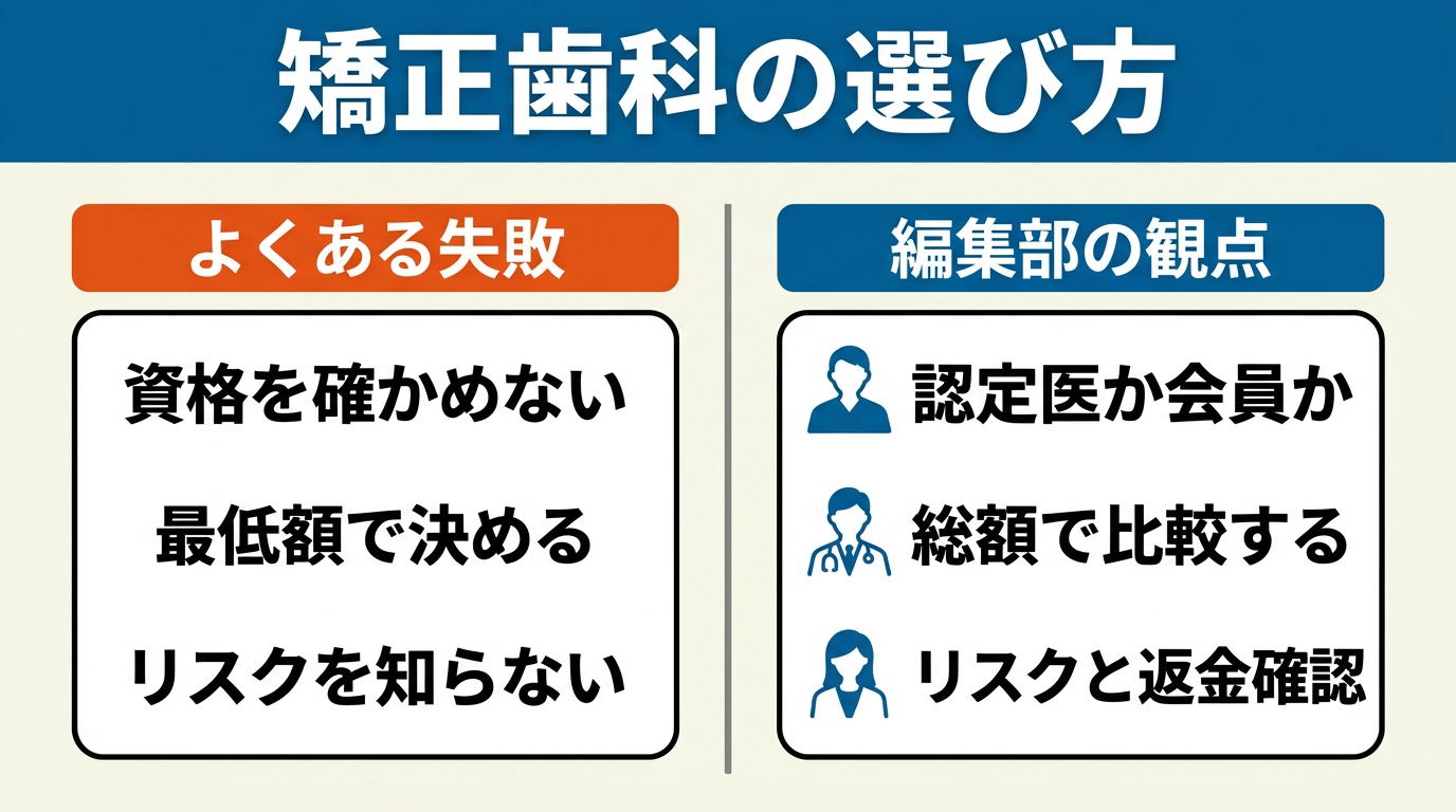 左に資格を確かめない・最低額で決める・リスクを知らないというよくある失敗、右に認定医か会員か・総額で比較する・リスクと返金確認を並べた、矯正歯科の選び方の対比図。