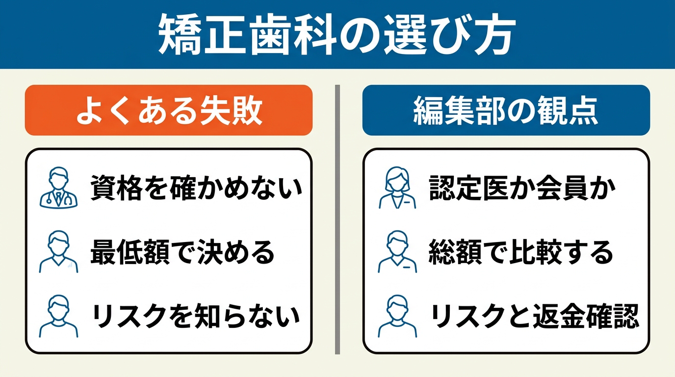 左に資格を確かめない・最低額で決める・リスクを知らないというよくある失敗、右に認定医か会員か・総額で比較する・リスクと返金確認を並べた、矯正歯科の選び方の対比図。