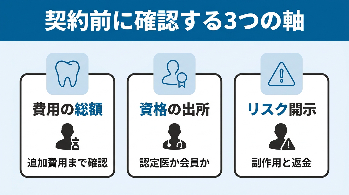 資格の出所／費用の総額／リスク開示という、矯正治療の契約前に自分で確認すべき3つの判断軸を3枚のカードで整理した図。