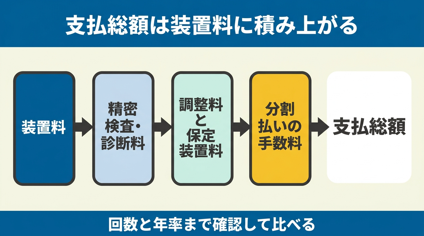 支払総額が装置料・精密検査診断料・調整料と保定装置料・分割払いの手数料の積み上げで決まることを示した図
