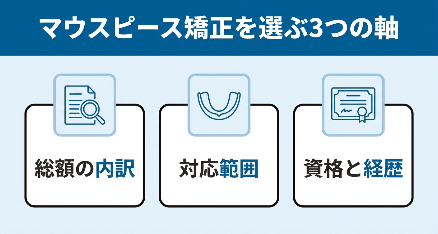 総額の内訳・対応範囲・資格と経歴という新橋でマウスピース矯正歯科を選ぶ際に確認すべき3つの軸を、3枚のカードで整理した図。