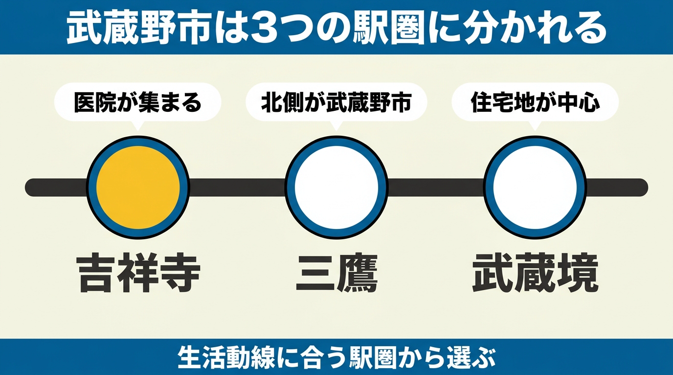 武蔵野市が吉祥寺・三鷹・武蔵境の3つの駅圏に分かれることを示した図