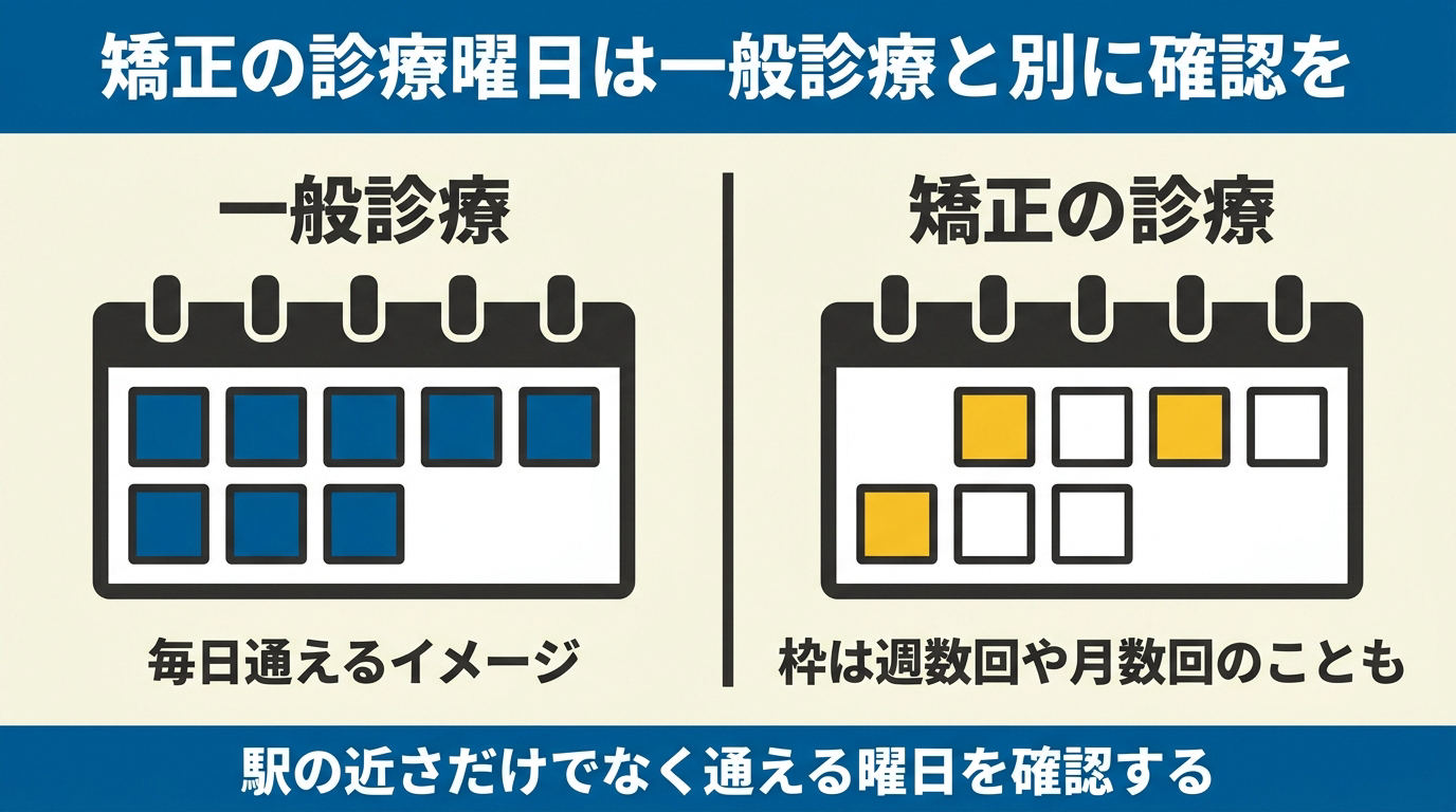 矯正の診療曜日は一般診療と別に確認が必要なことを示す図解