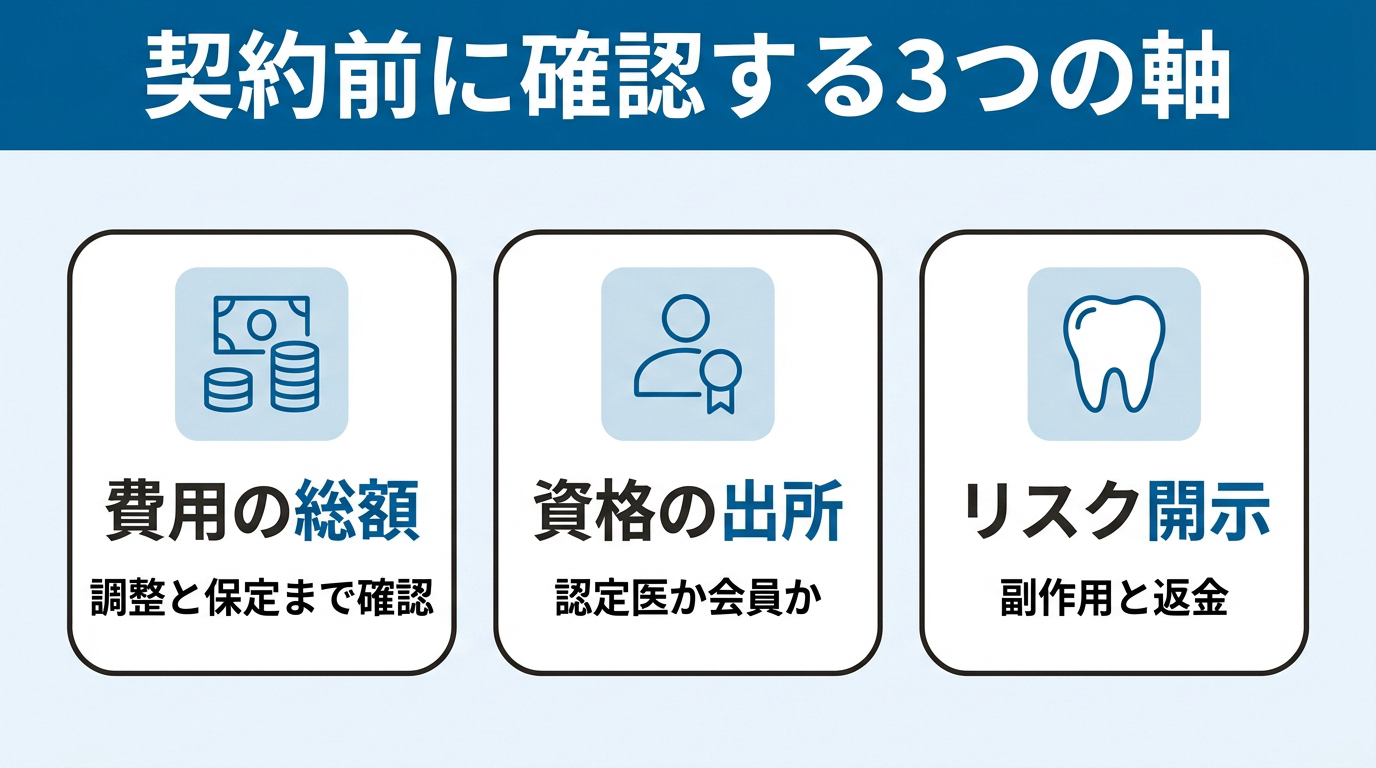 費用の総額（調整と保定まで確認）／資格の出所（認定医か会員か）／リスク開示（副作用と返金）という、矯正治療の契約前に確認する3つの判断軸を3枚のカードで整理した図。