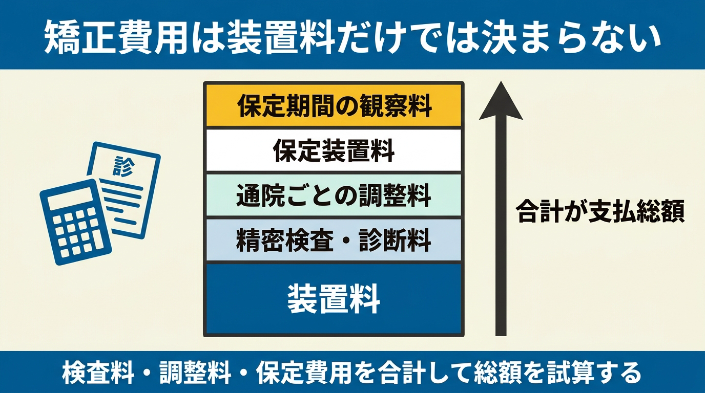 矯正費用は装置料・検査診断料・調整料・保定関連費用の積み上げで決まることを示す図解