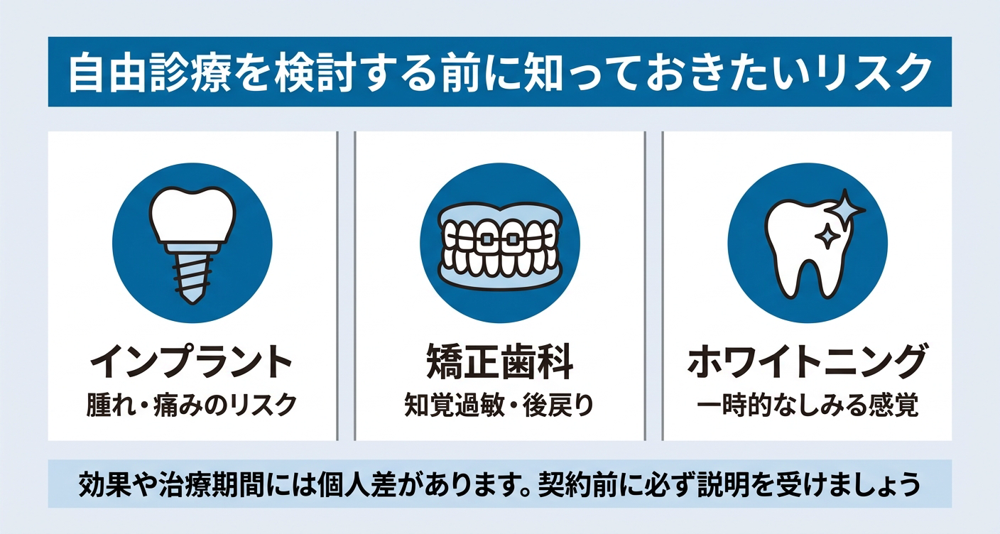 インプラント・矯正歯科・ホワイトニングなど自由診療を検討する際に知っておきたい一般的なリスクをまとめた図解