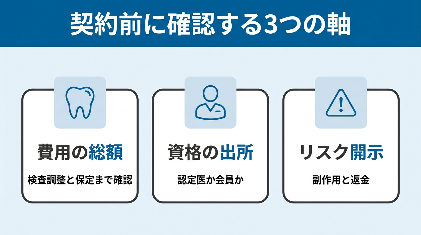 費用の総額（検査調整と保定まで確認）／資格の出所（認定医か会員か）／リスク開示（副作用と返金）という、マウスピース矯正の契約前に確認する3つの判断軸を3枚のカードで整理した図。