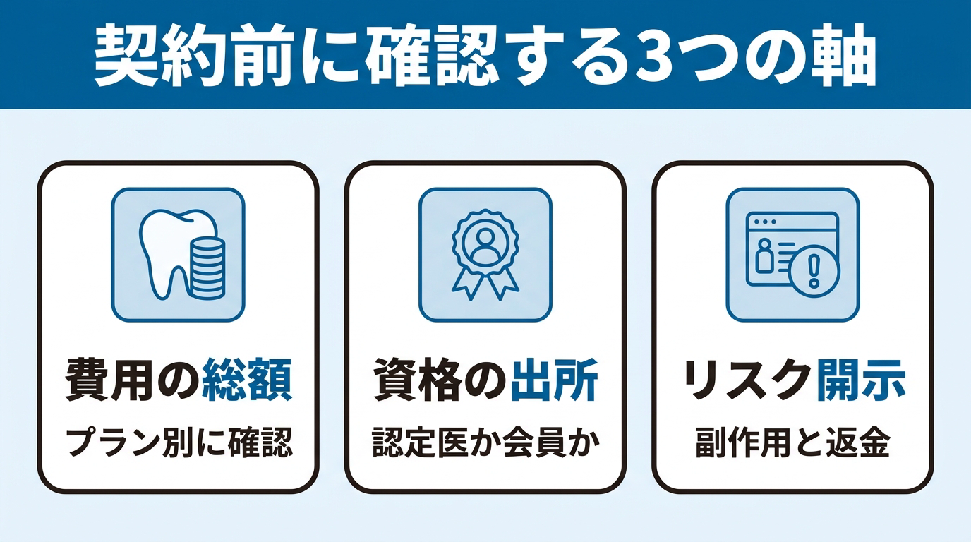 費用の総額（プラン別に確認）／資格の出所（認定医か会員か）／リスク開示（副作用と返金）という、インビザラインの契約前に確認する3つの判断軸を3枚のカードで整理した図。