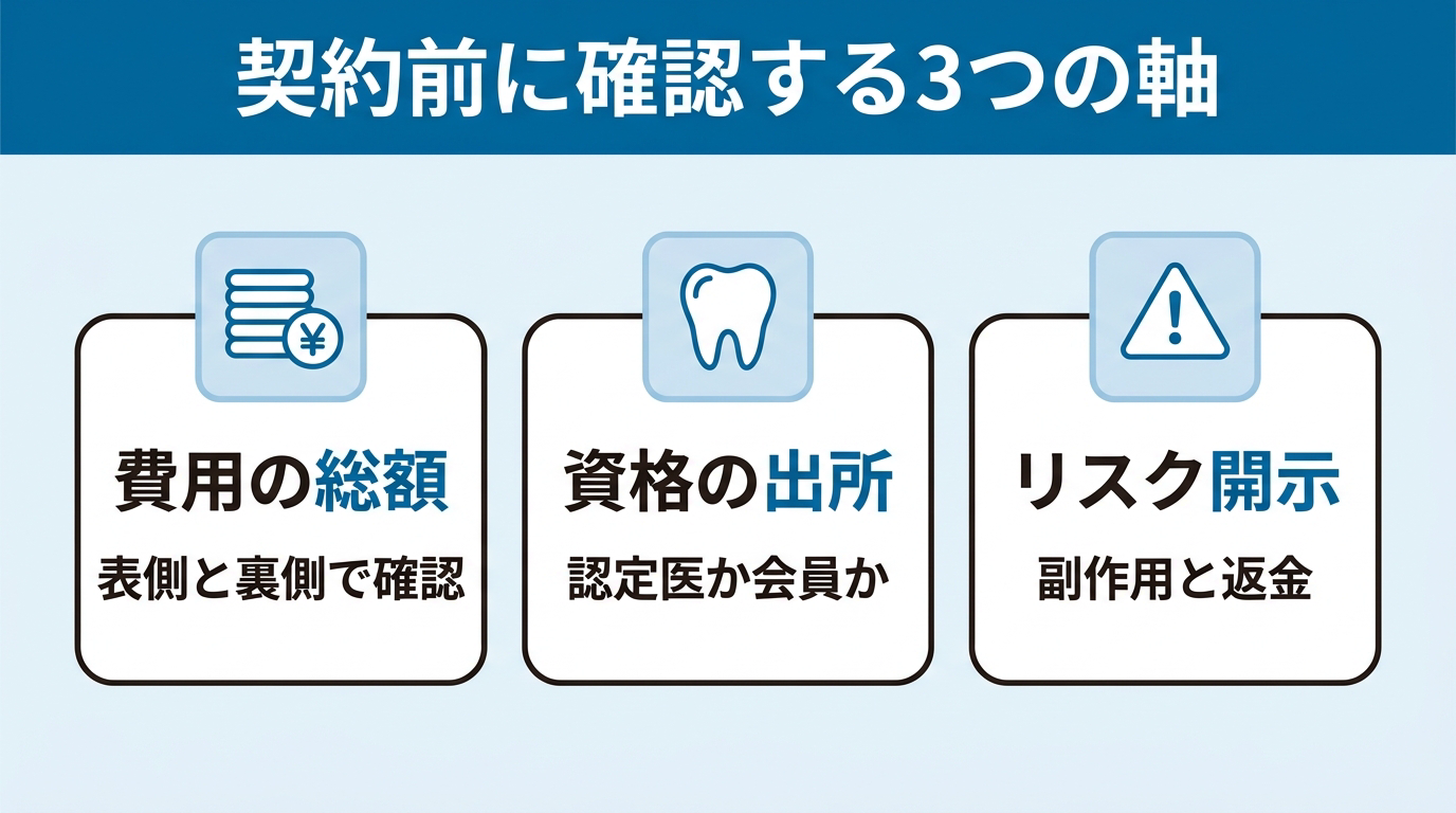 費用の総額（表側と裏側で確認）／資格の出所（認定医か会員か）／リスク開示（副作用と返金）という、ワイヤー矯正の契約前に確認する3つの判断軸を3枚のカードで整理した図。