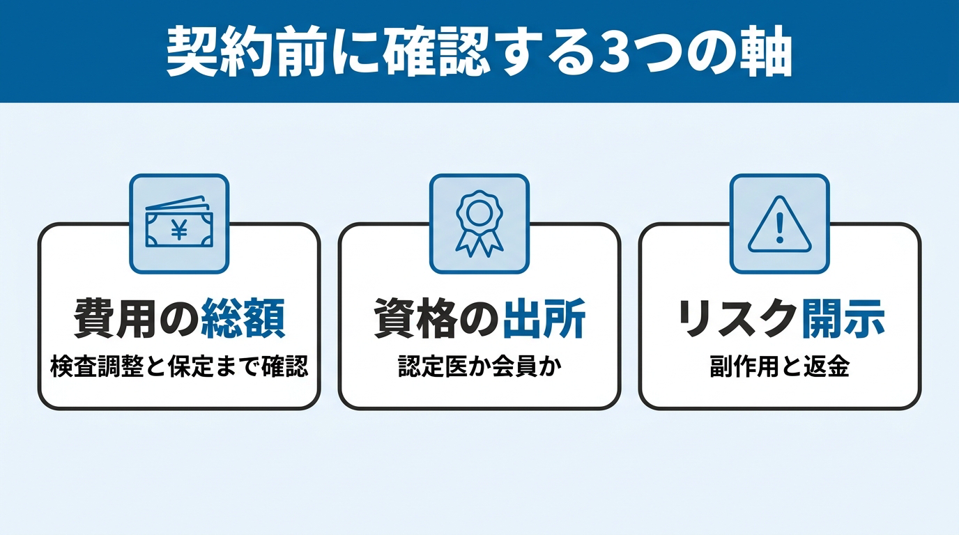 費用の総額(検査調整と保定まで確認)/資格の出所(認定医か会員か)/リスク開示(副作用と返金)という、矯正治療の契約前に確認する3つの判断軸を3枚のカードで整理した図。