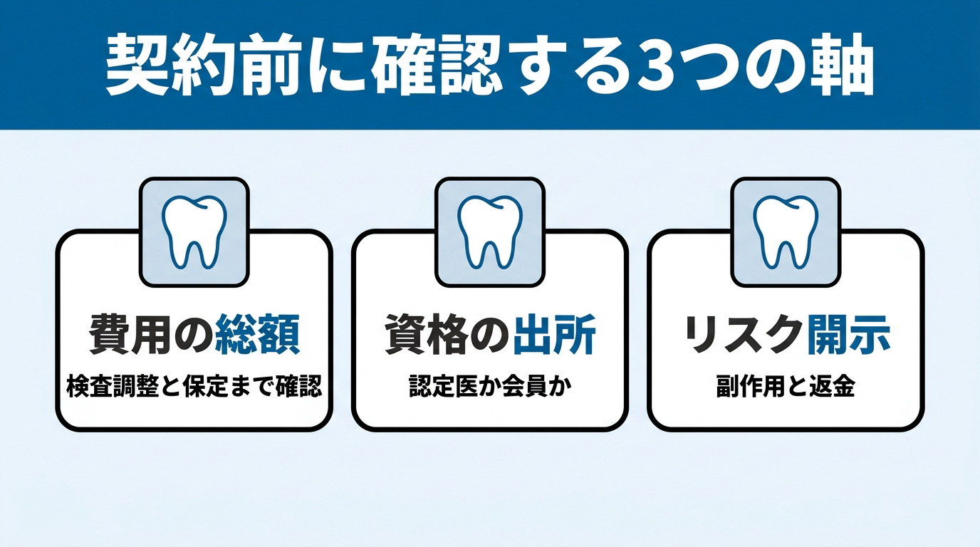 費用の総額（検査調整と保定まで確認）／資格の出所（認定医か会員か）／リスク開示（副作用と返金）という、矯正治療の契約前に確認する3つの判断軸を3枚のカードで整理した図。