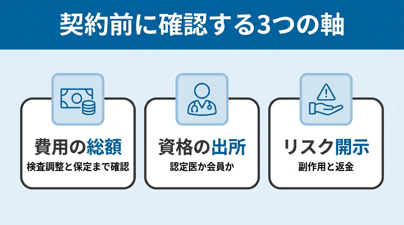 費用の総額(検査調整と保定まで確認)/資格の出所(認定医か会員か)/リスク開示(副作用と返金)という、矯正治療の契約前に確認する3つの判断軸を3枚のカードで整理した図。