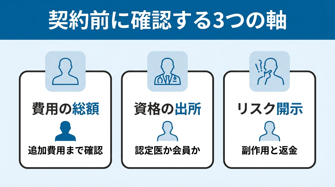 資格の出所/費用の総額/リスク開示という、矯正治療の契約前に自分で確認すべき3つの判断軸を3枚のカードで整理した図。