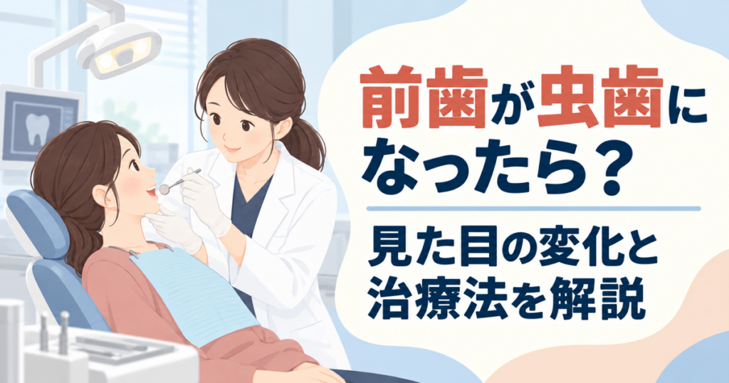 歯科医院の診療台で口を開けた女性の前歯を女性歯科医師が診察しているイラストに、前歯が虫歯になったときの見た目の変化と治療法を解説する文字を添えた画像