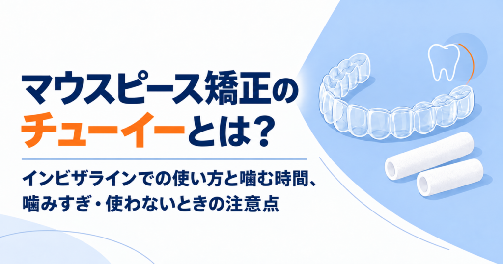 透明なマウスピースと円柱形のチューイー、アライナーケースのイラスト