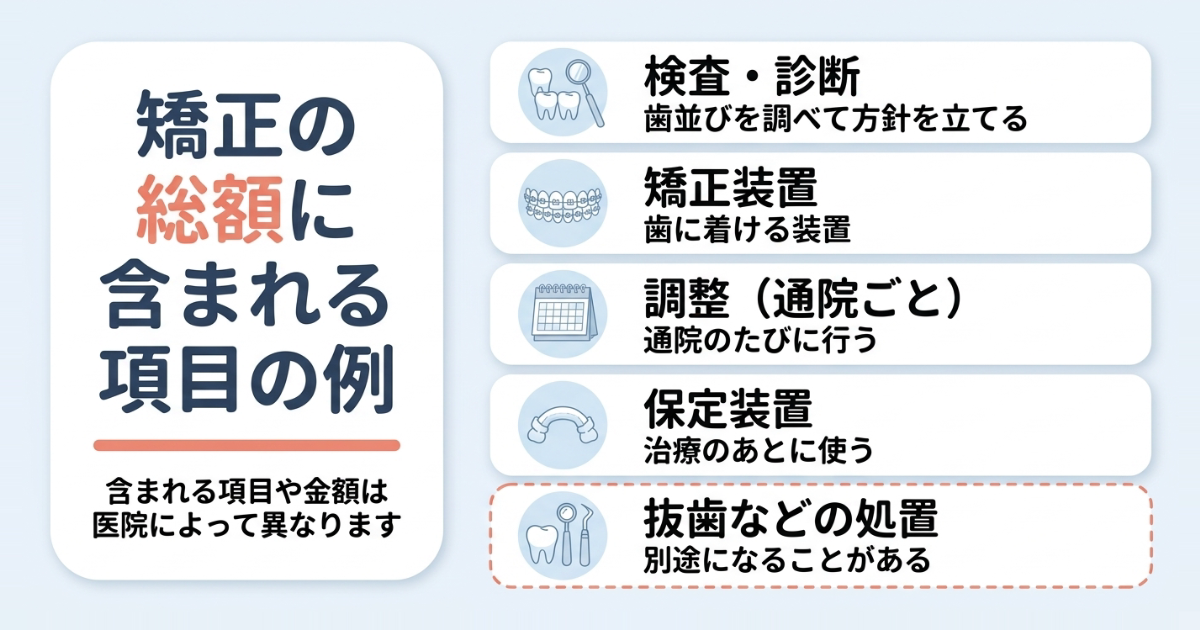 矯正の総額に含まれる項目の例（検査・診断、矯正装置、調整、保定装置、抜歯などの処置）