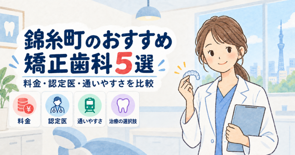 マウスピース型の矯正装置を手に持つ歯科医師のイラストと、料金・認定医・通いやすさ・治療の選択肢の4つの比較軸を並べたアイキャッチ