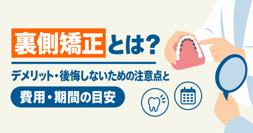 裏側矯正の説明を受ける場面（歯科医師が歯列模型の裏側の装置を見せ、患者が手鏡で口元を確認している）