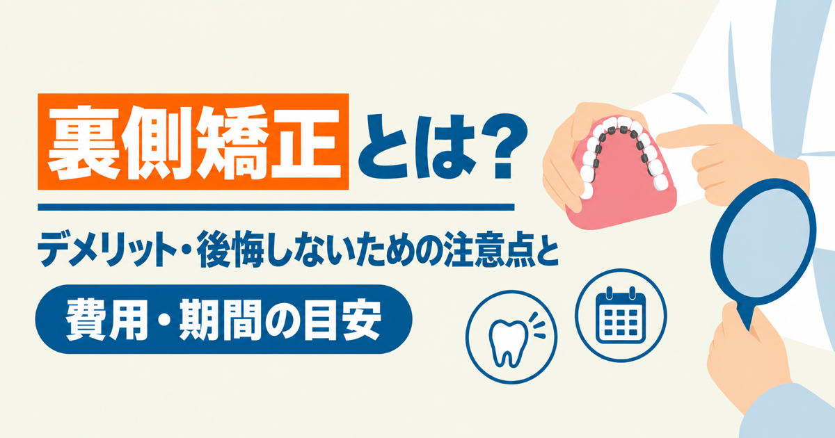 裏側矯正の説明を受ける場面（歯科医師が歯列模型の裏側の装置を見せ、患者が手鏡で口元を確認している）