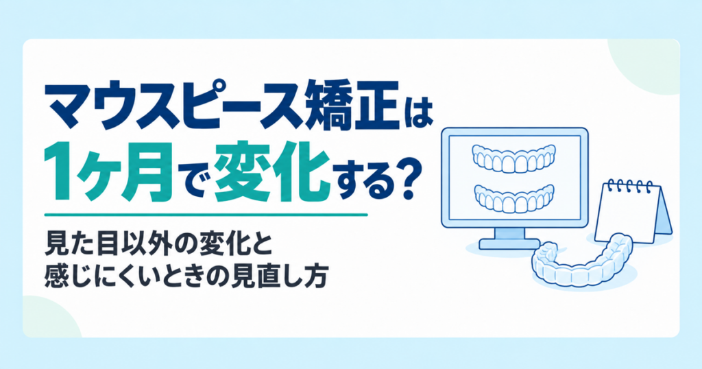 透明なマウスピースと歯並びを表示したモニター、卓上カレンダーのイラスト