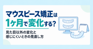透明なマウスピースと歯並びを表示したモニター、卓上カレンダーのイラスト