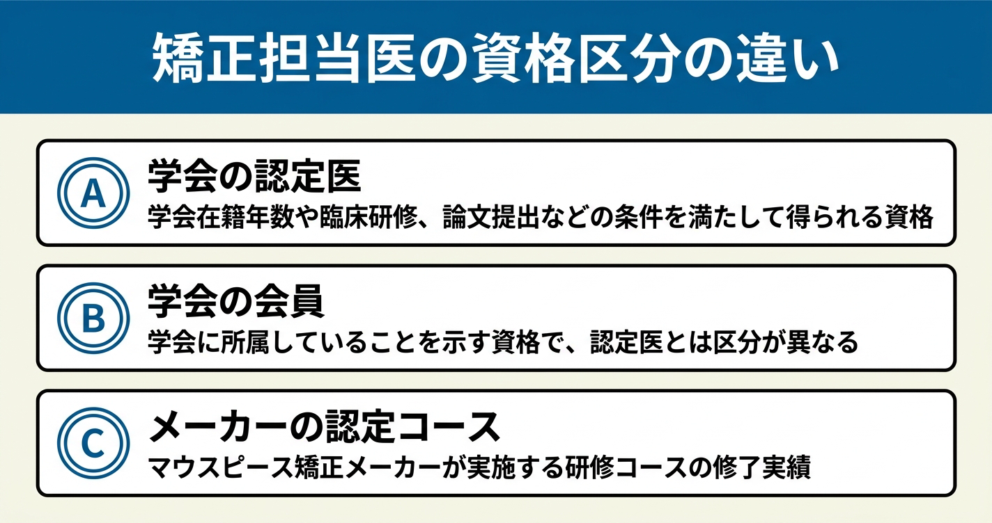 矯正担当医の資格区分の違い（学会認定医・学会会員・メーカー認定コース）
