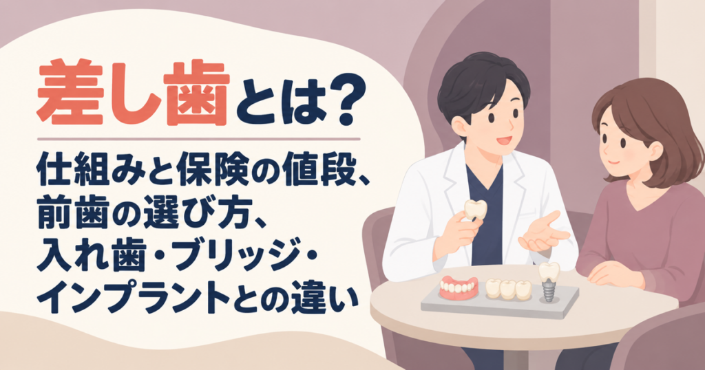 差し歯とは何かを解説する記事のアイキャッチ。歯科医師が差し歯の模型を手に、入れ歯・ブリッジ・インプラントの模型を前にして患者に説明しているイラスト。
