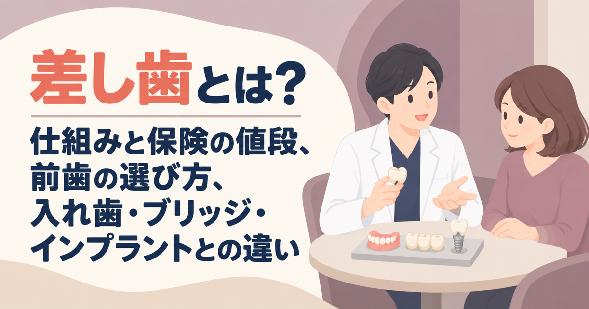 差し歯とは何かを解説する記事のアイキャッチ。歯科医師が差し歯の模型を手に、入れ歯・ブリッジ・インプラントの模型を前にして患者に説明しているイラスト。