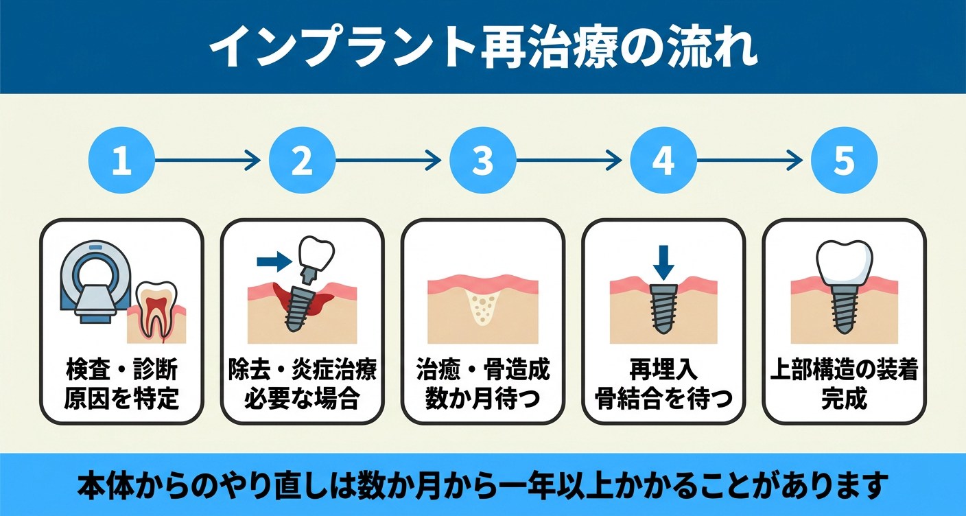 インプラント再治療の流れを示した図解(検査・診断→除去・炎症の治療→治癒・骨造成→再埋入→上部構造の装着)