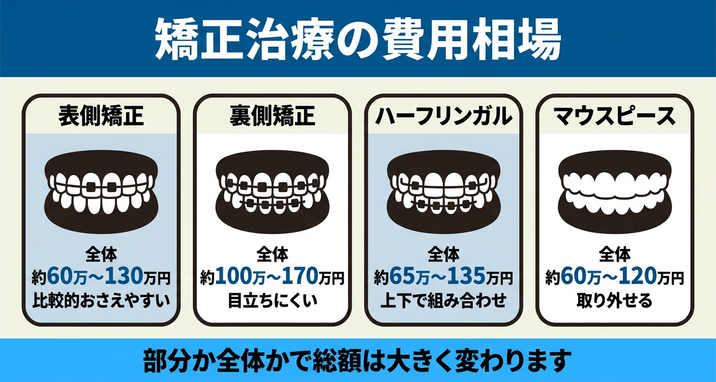 表側矯正、裏側矯正、ハーフリンガル矯正、マウスピース矯正の全体矯正費用を比較した図