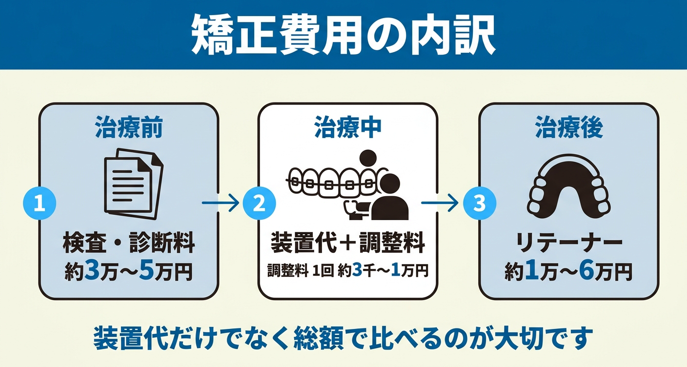 矯正治療の費用を治療前、治療中、治療後に分け、検査・診断料、装置・調整料、リテーナー代を示した図