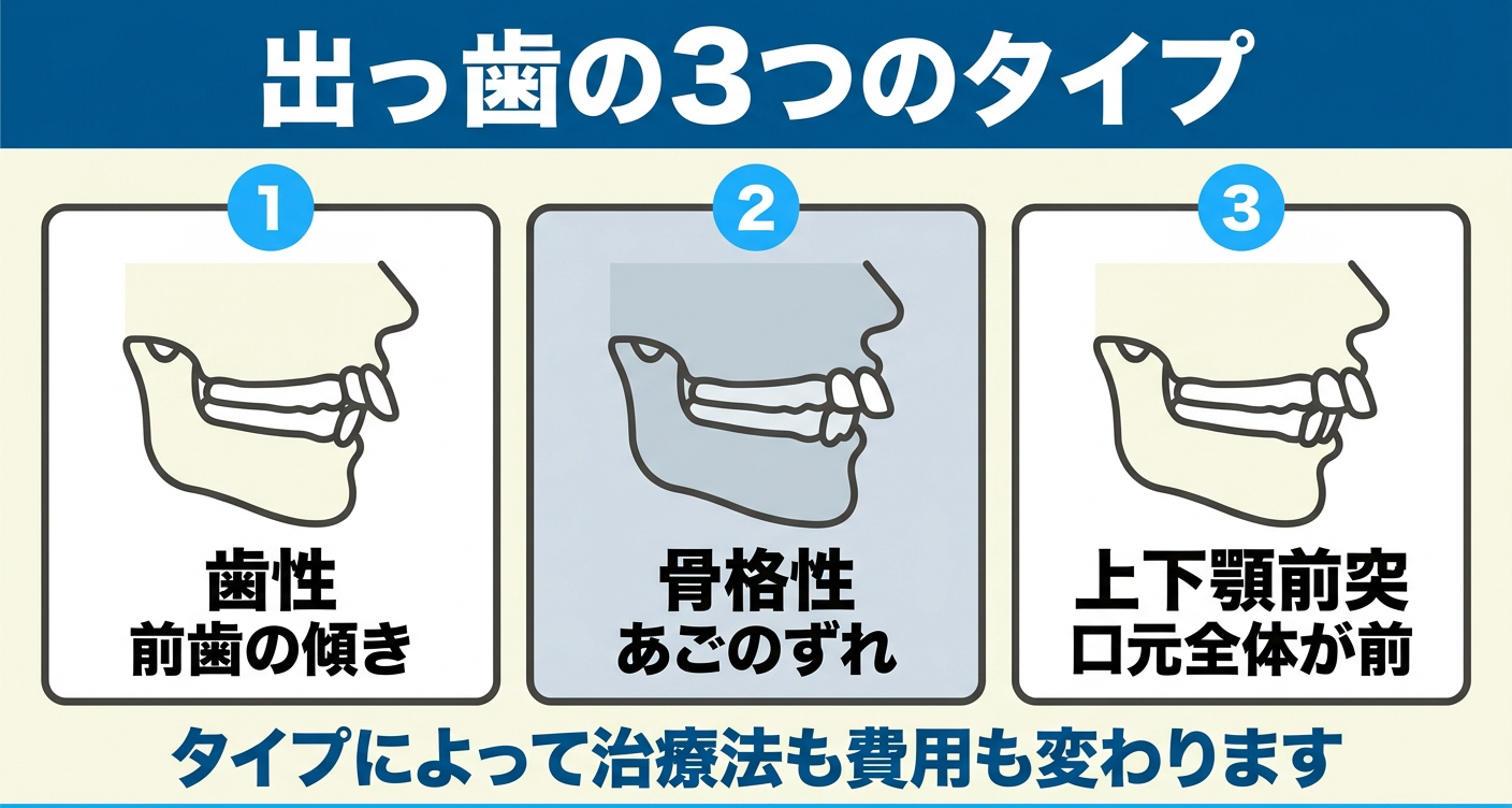 出っ歯（上顎前突）の主なタイプを示した図解